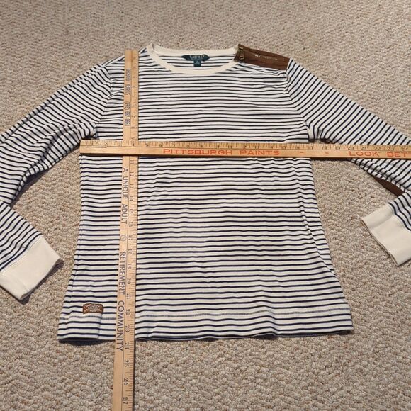 Lauren Ralph Lauren Top Shirt Womens XL Striped Elbow Patches Zipper Preppy - Picture 2 of 9